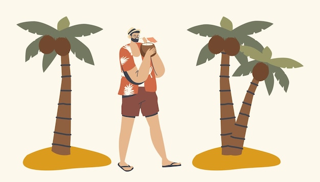 Relaxed male character in summer clothes enjoying drinking coconut juice walking along tropical beach with palm trees around