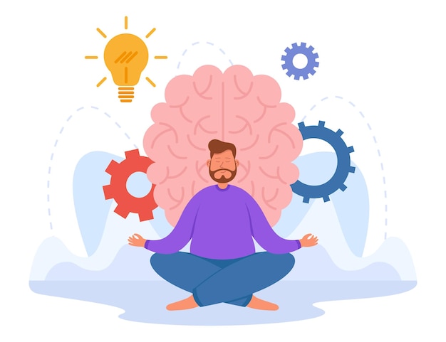 Relaxed man meditating in yoga pose  flat vector illustration. 
spiritual body training with mentally healthy brain in background.
mindfulness, life balance, spirituality, healthy lifestyle concept