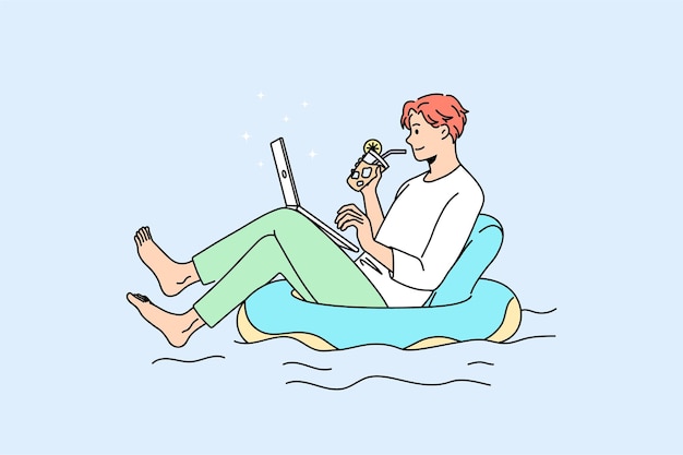 Vector relaxed man in swimming pool working on computer