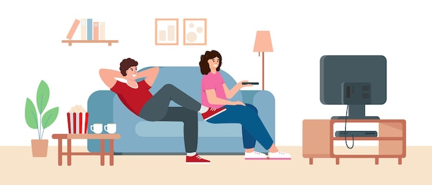 Vector relaxed married young man and woman couple sitting on sofa and watching tv with popcorn