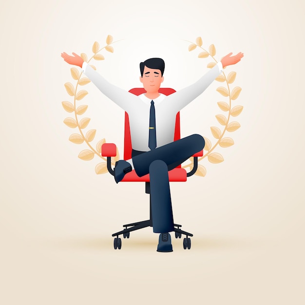 Relaxed meditating contented businessman in an office chair depicting success