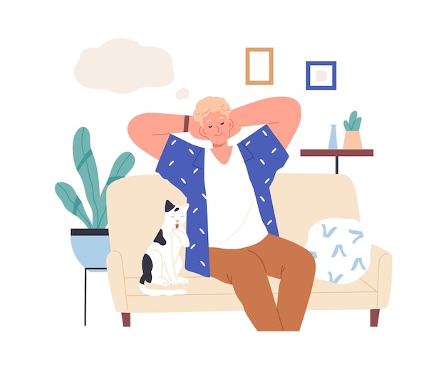 Relaxed person imagining and dreaming of smth pleasant. Happy man with closed eyes resting at home, thinking and fantasizing. Guy in his thoughts. Flat vector illustration isolated on white background