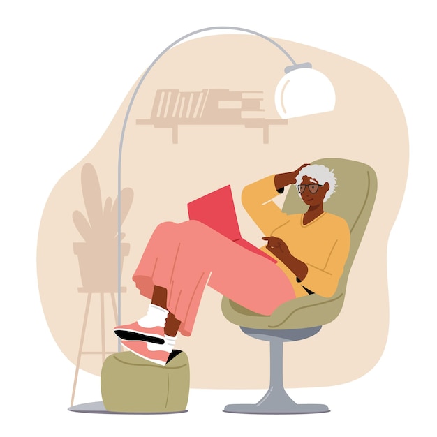 Вектор Расслабленная пожилая женщина с белыми волосами и очками сидит в удобном кресле с ноутбуком, смотрит фильм или общается