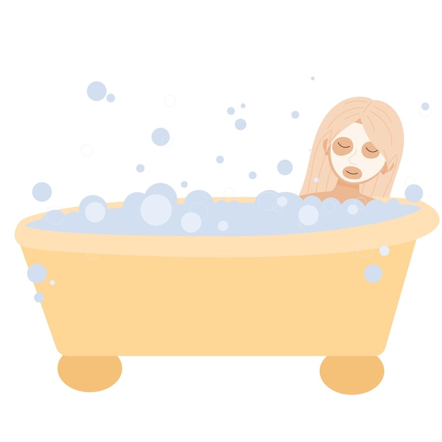 Relaxed woman lying at bath tub with face mask and bubbles foam.Woman taking a bath.Bubble Bath day