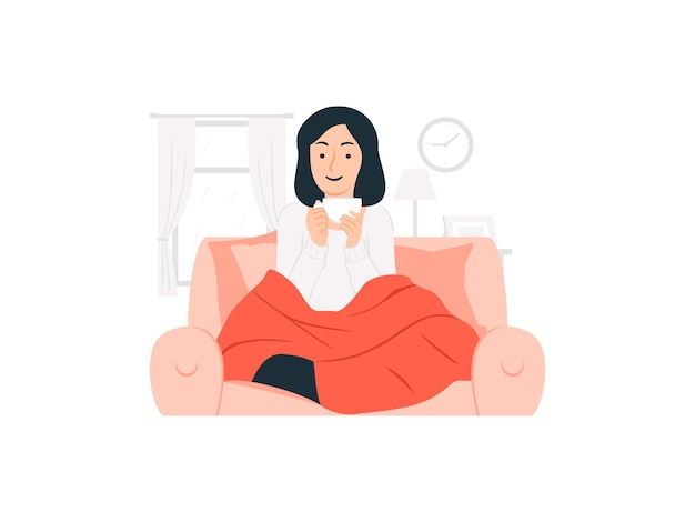 Donna rilassata che si siede sul sofà che tiene una tazza della bevanda calda sull'illustrazione di concetto di giorno piovoso