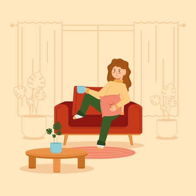 Relaxed woman taking a coffee cup Hygge concept Vector