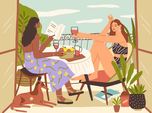 Vector relaxed young women sitting with glass of wine and book at balcony at summertime. female characters enjoying quiet leisure time at home on a sunny day. concept of slow life. flat vector illustration.