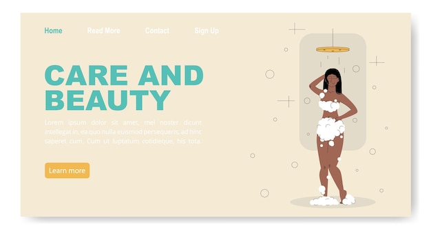 Relaxing bath concept of landing page with afro girl take a shower Female character washes in shower