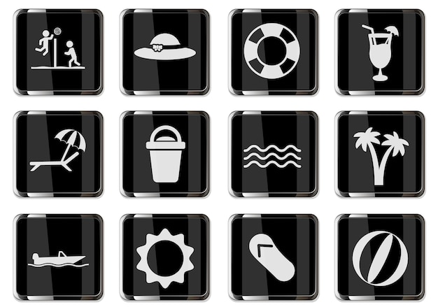 Relaxing on the beach pictograms in black chrome buttons. icon set for your design. vector icons