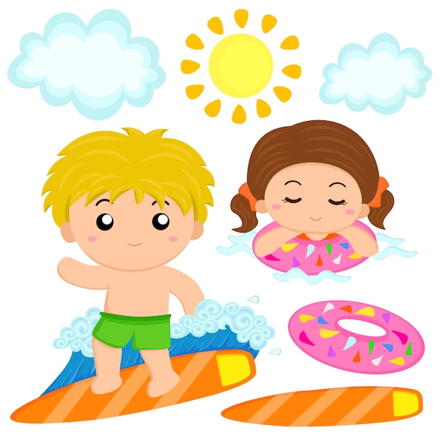 Premium Vector | Relaxing at the beach with cute kids drawing cartoon  clipart set