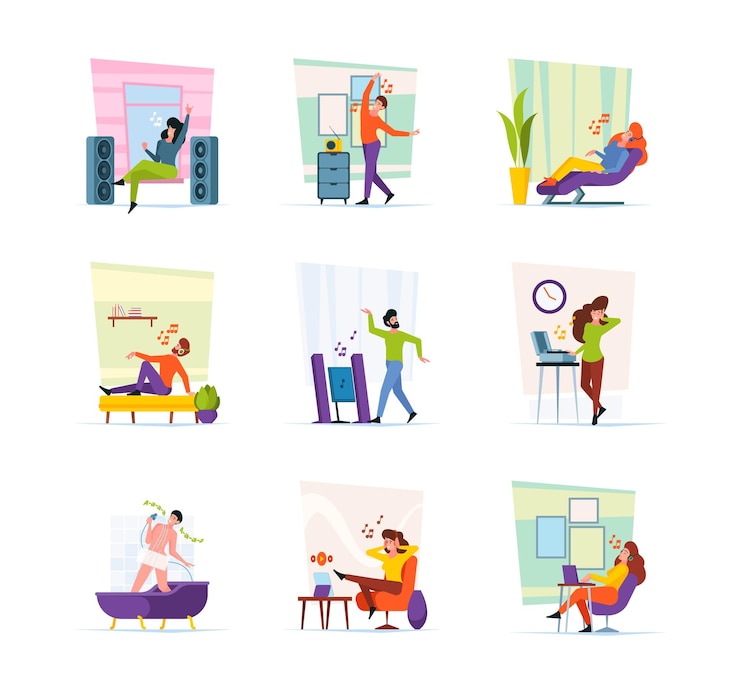 Vector relaxing characters people sleeping on sofa sitting and listen music on couch in interior room garish vector flat pictures collection