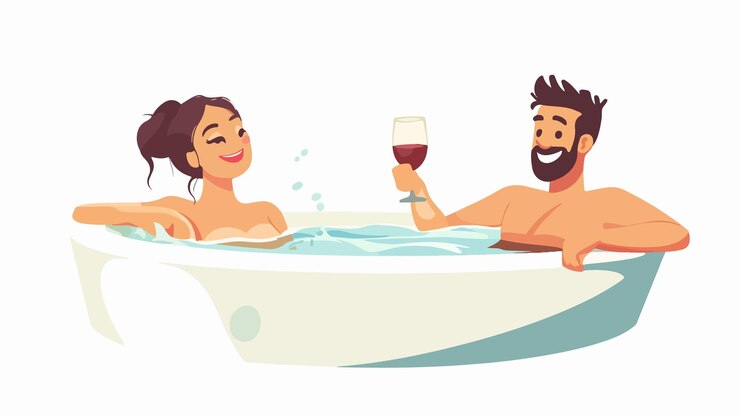 Vector relaxing couple in jacuzzi with beautiful wintry view