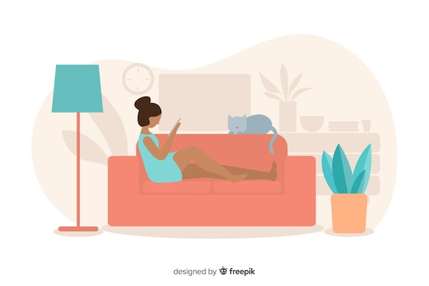 Vector relaxing at home concept with woman on sofa