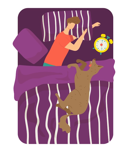 Relaxing man character sleeping dog comfortable soft bed young boy hold pillow flat vector