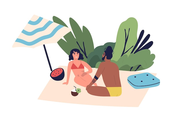 편안한 사람들, 해변에서 일광욕을 하는 커플. 여자와 남자 앉아, 이야기, 오싹한, 라운지 시간. 여름 휴가, 흰색 배경에 고립 된 만화 평면 그림에서 우산 아래 휴식