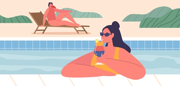 Relaxing Poolside Woman Character Sips On Her Cocktail Enjoying The Refreshing Drink While Soaking Up The Sun