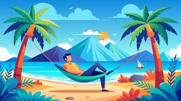 Relaxing tropical beach vacation with hammock and palms vector illustration