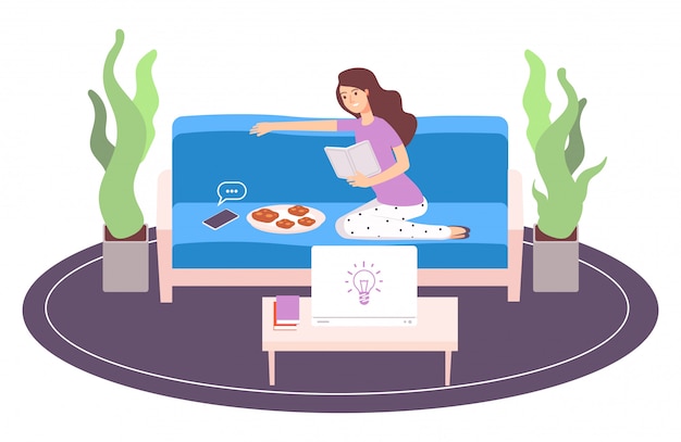 Relaxing woman. girl reading book. procrastination vector illustration