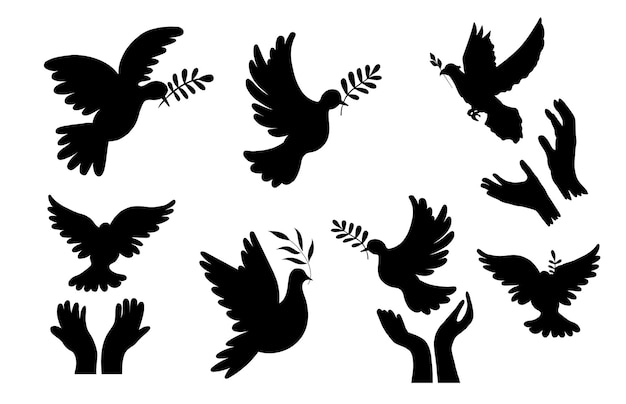 Release flying pigeon branch dove of peace silhouettes premium vector