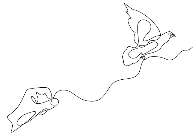 Releasing a bird from hand to flight continuous one line drawing