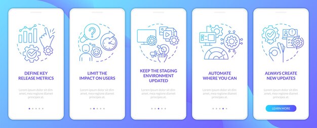 Releasing management process tips blue gradient onboarding mobile app screen