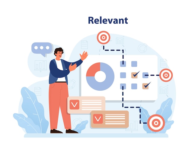 Vector relevance in goalsetting displayed man highlighting key data points pie chart analysis and task
