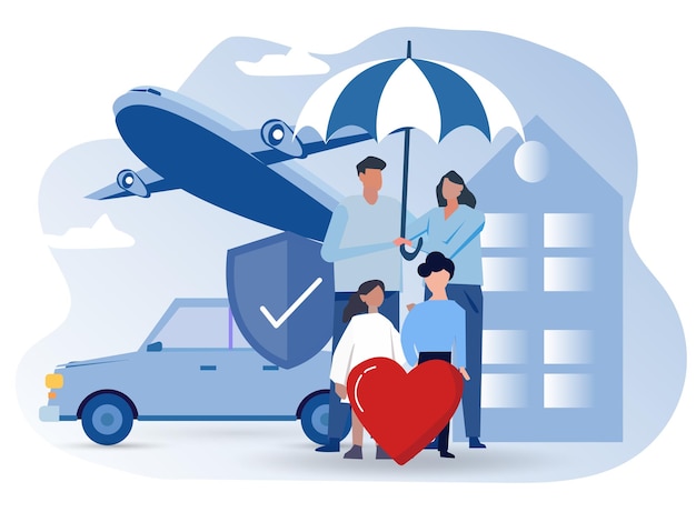 Vector reliable insurance for people cartoon vector concept contented family characters with child is under strong umbrella insurance coverage golden shield from danger of fires and plane crashes