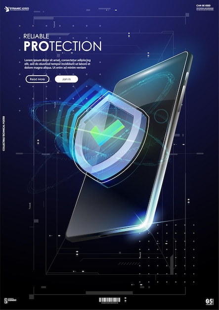 Reliable protection banner, shield in futuristic style.