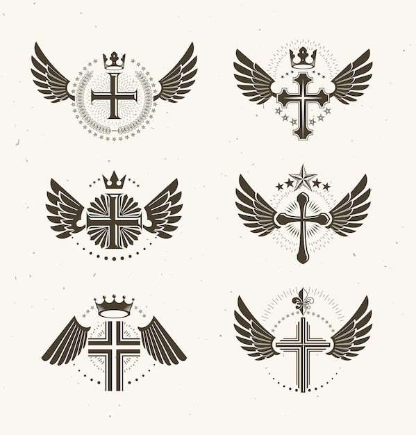 Religie kruist logo's grote vector set, vintage heraldische christelijke emblemen collectie, klassieke stijl heraldiek ontwerpelementen, oude ontwerpen, geloof.