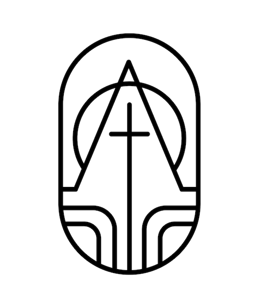 Religie lijn kruis en bouwen Alpha en Omega Heilige God komen naar mensen Vector Logo kerk pictogram