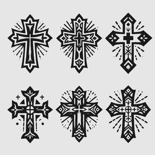 Religieuze kruis zwarte symbolen tatoeageset vectoren