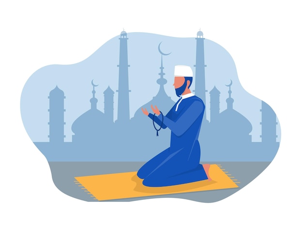 Vector religieuze man moslim gebed in traditionele kleding volledige lengte verticale vector illustrationin