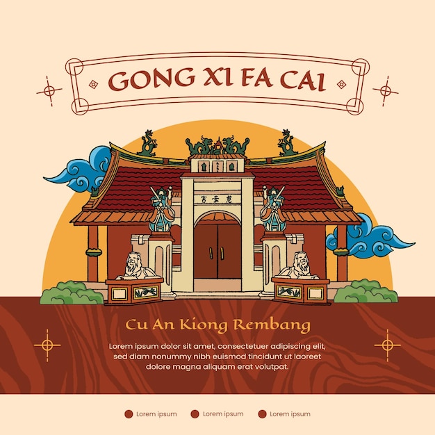 Vector religion building in rembang central java hand drawn illustration background with cu an kiong monastery