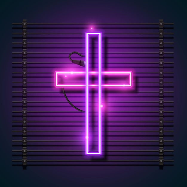 Religion cross neon sign. purple christian cross icon.