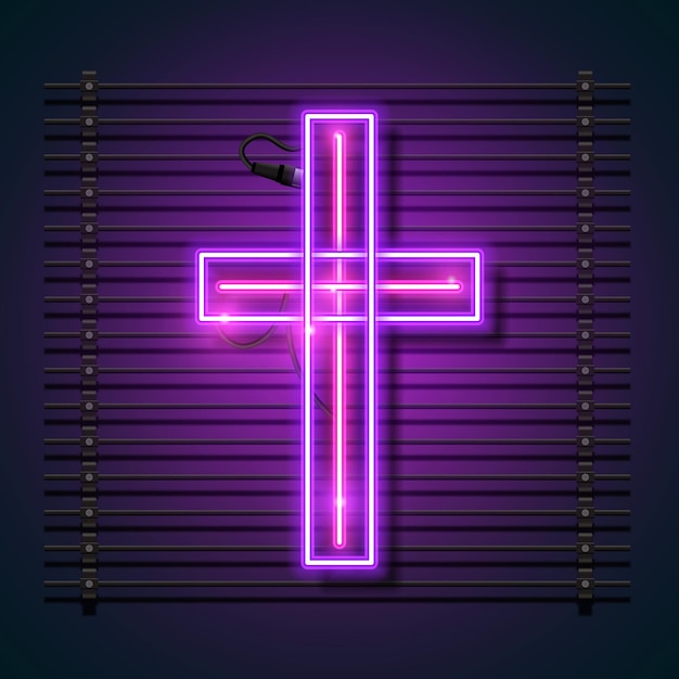 Religion cross neon sign. purple christian cross icon.