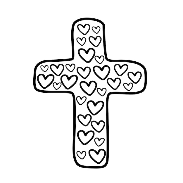 Religion cross with hearts doodle vector illustration isolated on white