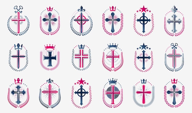 Religion crosses logos big vector set, vintage heraldic Christian emblems collection, classic style heraldry design elements, ancient designs, belief.