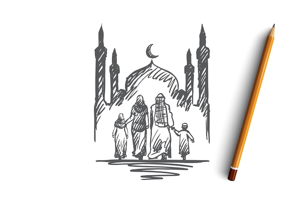 Religion, family, muslim, arabic, islam, mosque concept. hand drawn traditional muslim family with kids concept sketch.