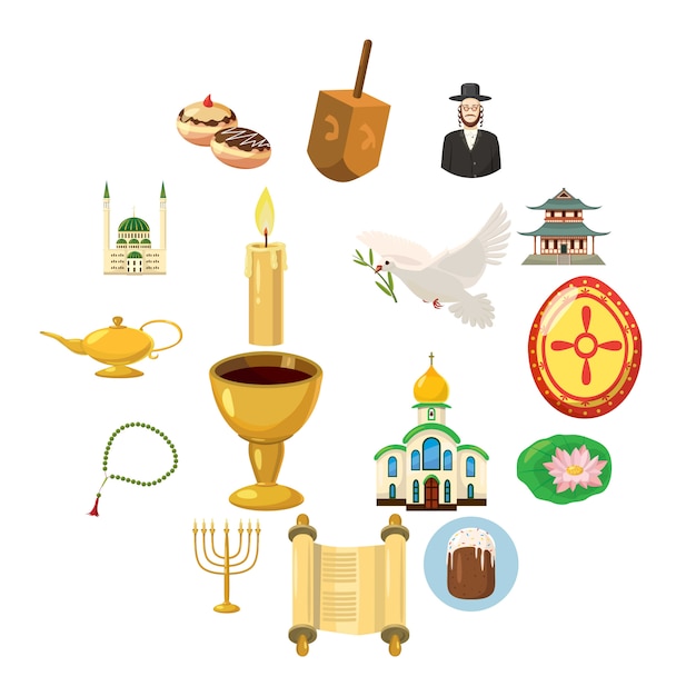 Religion icons set, cartoon style