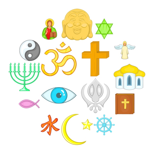 Religion icons set, cartoon style