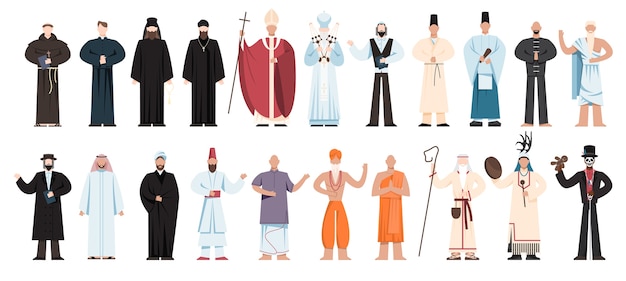 Religion people wearing pecific uniform. male religious figure collection. buddhist monk, christian priests, rabbi judaist, muslim mullah.