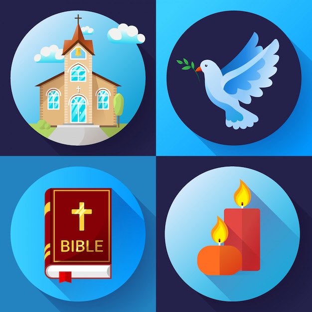 Religion set color Flat Design Illustration. Blue dove, old church, candles and bible book