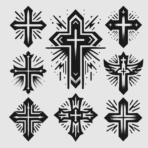 Religious Cross Black Symbols Tattoo Set Vectors