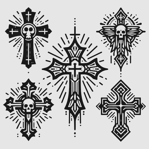 Religious Cross Black Symbols Tattoo Set Vectors