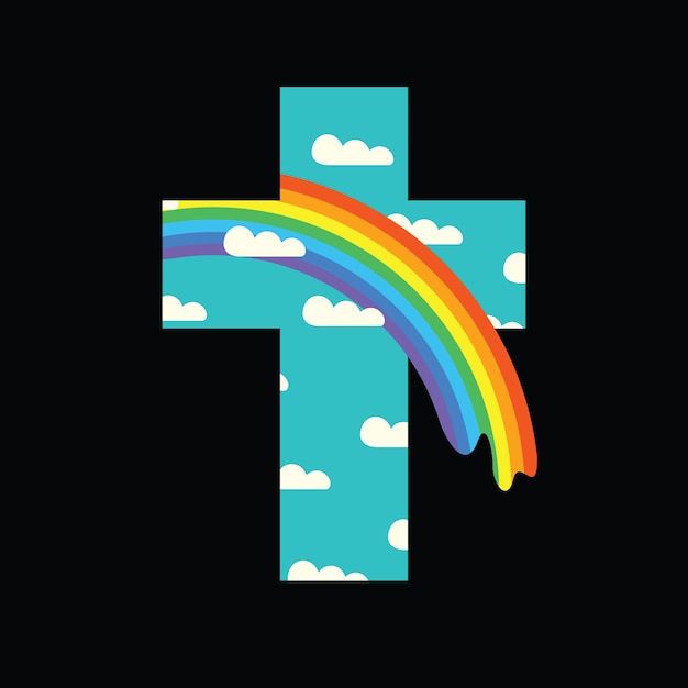 Religious cross with clouds and rainbow