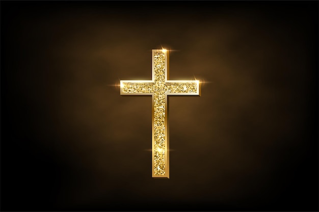 Vector religious crucifix symbol on brown fog background golden shiny orthodox cross