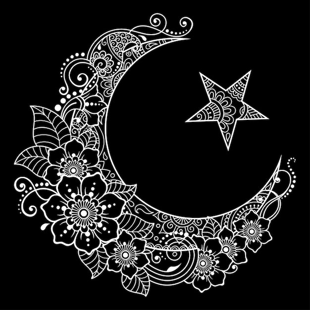 Religious Islamic symbol of the Star and the Crescent with flower in mehndi style. Decorative sign for making and tattoos. Eastern Muslim signifier.