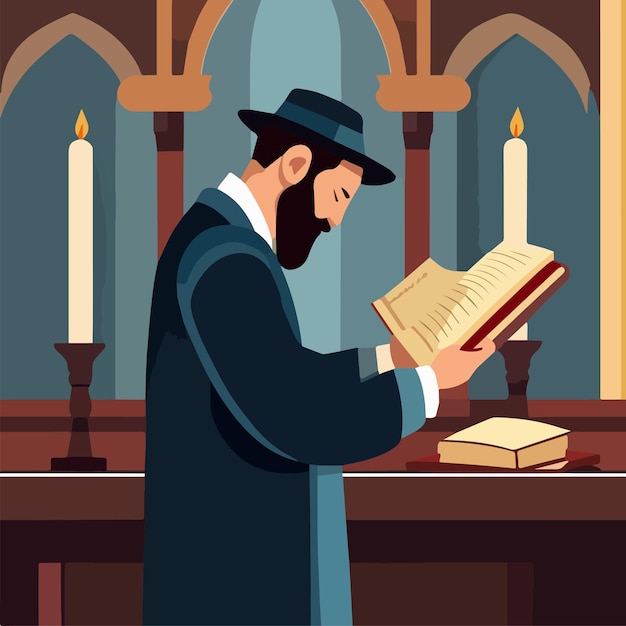 Vettore l'ebreo religioso legge la torah nel concetto di festività ebraiche dell'illustrazione vettoriale della sinagoga