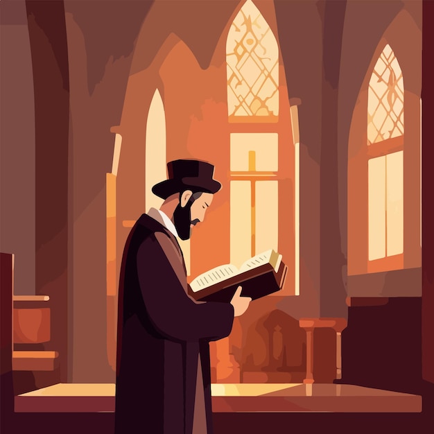 Religious jew reads torah in synagogue vector illustration jewish holidays concept