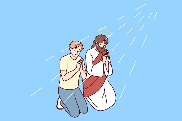 Religious man pray kneeling with jesus christ